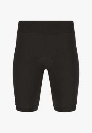 Zwarte gewatteerde fietsshorts met een hoge tailleband en knie-lange pijpen, ontworpen voor comfort en ondersteuning tijdens het fietsen.