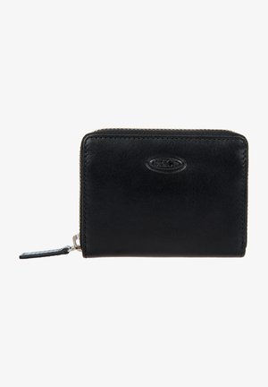 Portefeuille en cuir noir avec fermeture éclair, présentant une surface texturée et un logo en relief à l'avant. Design rectangulaire compact.