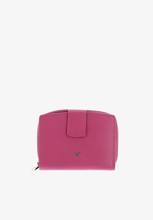 Pink leather wallet with a front snap closure, small metallic emblem, and a zippered compartment on plain white background.
