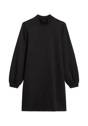 Schwarzes Kleid mit hohem Kragen, langen Puffärmeln und lockerer Passform. Hergestellt aus weichem Stoff mit glatter Textur, ohne sichtbare Muster oder Akzente.