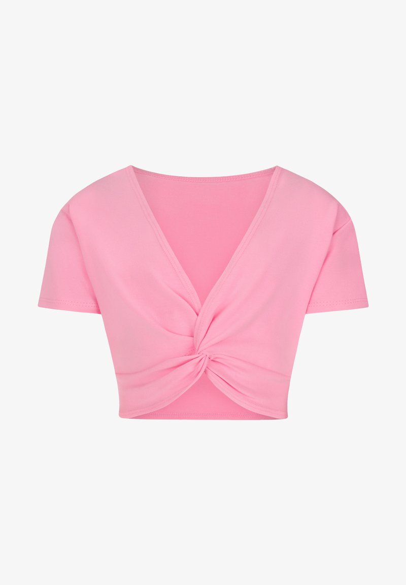 Pink cropped top featuring short sleeves and a deep V-neck design, with a twisted knot detail at the front. Made from a smooth fabric.