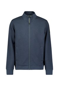 Navy blauwe zip-up jas met een hoge kraag, twee zijzakken, geribbelde boorden en een subtiele textuurafwerking. Bevat een logo op de mouw.