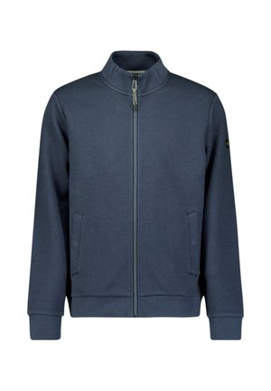 Navy blauwe zip-up jas met een hoge kraag, twee zijzakken, geribbelde boorden en een subtiele textuurafwerking. Bevat een logo op de mouw.