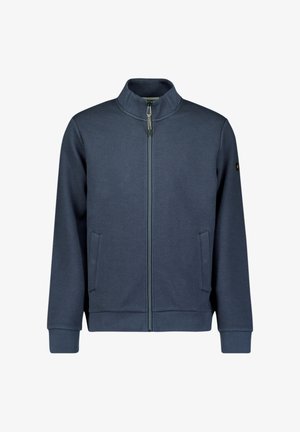 Navy blue zip-up jacket with a high collar, two side pockets, ribbed cuffs, and a subtle textured fabric finish. Features a logo on the sleeve.