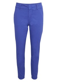 Blå bomullschinos med smal passform, featuring en flat front, sidofickor och en slät textur. Bensluten är något avsmalnande.