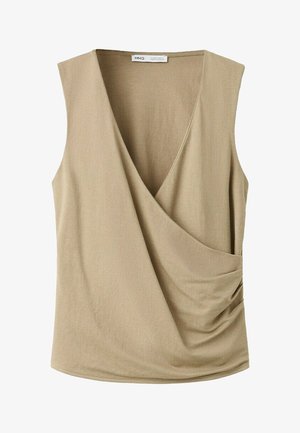 Sleeveless beige wrap-style top with V-neck and slight gathering on one side, made of soft, lightweight fabric.