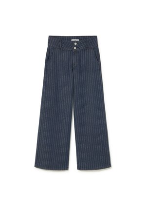 Weite Jeans in dunklem Marineblau mit weißen vertikalen Streifen. Mit zwei vorderen Taschen, einem Knopfverschluss und einem glatten, strukturierten Stoff.