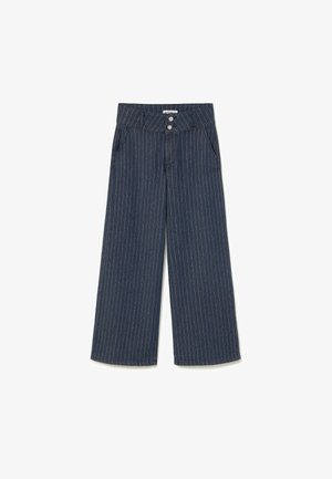 Weite Jeans in dunklem Marineblau mit weißen vertikalen Streifen. Mit zwei vorderen Taschen, einem Knopfverschluss und einem glatten, strukturierten Stoff.