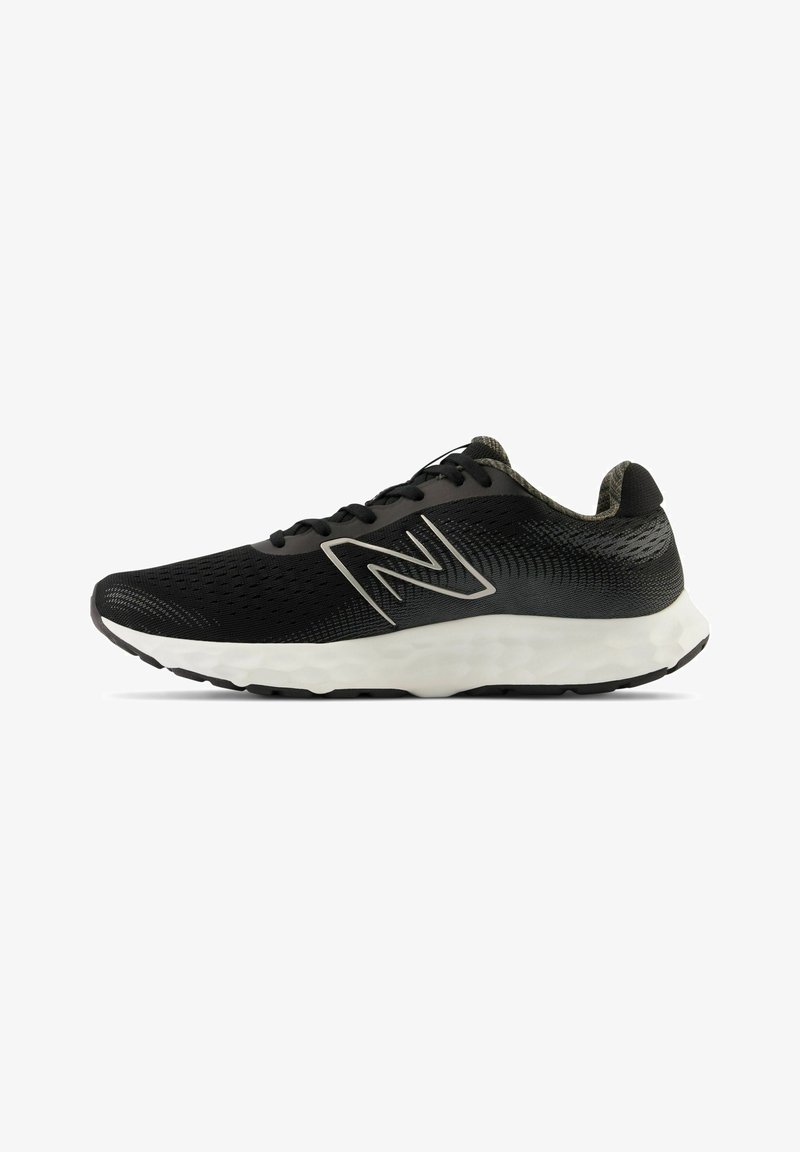 Black athletic shoe with a breathable mesh upper, metallic silver logo, padded collar, and a white cushioned sole. Lightweight design.