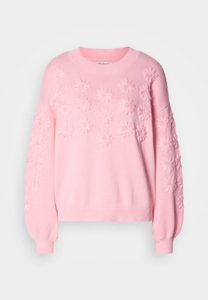Pink knitted sweater with raised floral pattern across the front and sleeves. Features ribbed cuffs and neckline. Soft texture, relaxed fit.