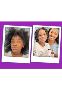 Twee vierkante foto's op een paarse achtergrond. Links: meisje met volumineus, krullend haar. Rechts: meisje en vrouw met ontspannen, textuurhaar, die haarproducten vasthouden.