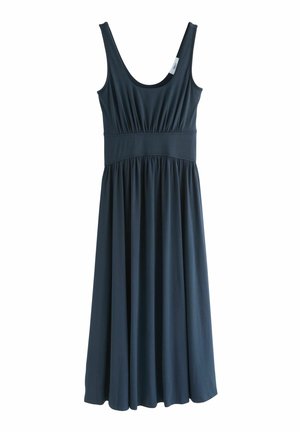 Dunkelblaues ärmelloses Kleid mit Rundhalsausschnitt, tailliertem Bund und fließendem Rock. Hergestellt aus weichem, glattem Stoff.