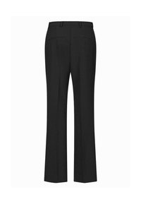 Czarne, dopasowane spodnie z prostymi nogawkami, dwoma tylnymi kieszeniami oraz gładką teksturą. Posiadają paski na pasek i czysty, minimalistyczny wykończenie.