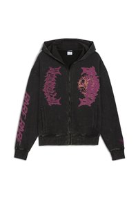 Czarna bluza z zamkiem na całej długości o przetartym wyglądzie. Na przodzie i rękawach znajdują się fioletowe wzory graficzne. Bluza posiada kaptur ze sznurkiem oraz boczne kieszenie.