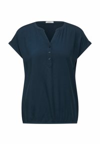 Blusa blu navy a maniche corte con risvolti, scollatura a V e patta con tre bottoni, leggermente arricciata all'orlo.