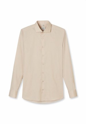 Camicia beige a maniche lunghe con bottoni, sottili righe bianche, colletto a punta e polsini con bottoni, stesa piatta su sfondo bianco.