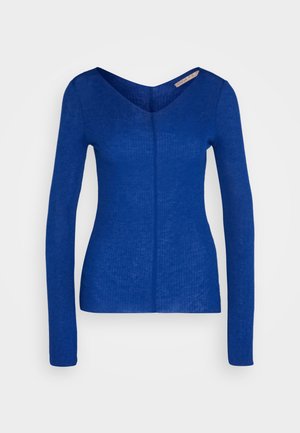 Top azzurro a maniche lunghe con scollatura a V, texture a coste e orlo curvo. Realizzato in tessuto leggero. Nessun logo o motivo visibile.