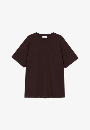 Donkerbruin t-shirt met korte mouwen, gemaakt van zachte stof, met een ronde halslijn en een ontspannen pasvorm. Geen zichtbare patronen of accenten.