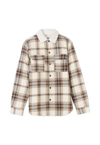 Camicia a quadri nei toni crema, marrone e grigio, con un colletto testurizzato e fluffy, due tasche sul petto e chiusure con bottoni marroni.