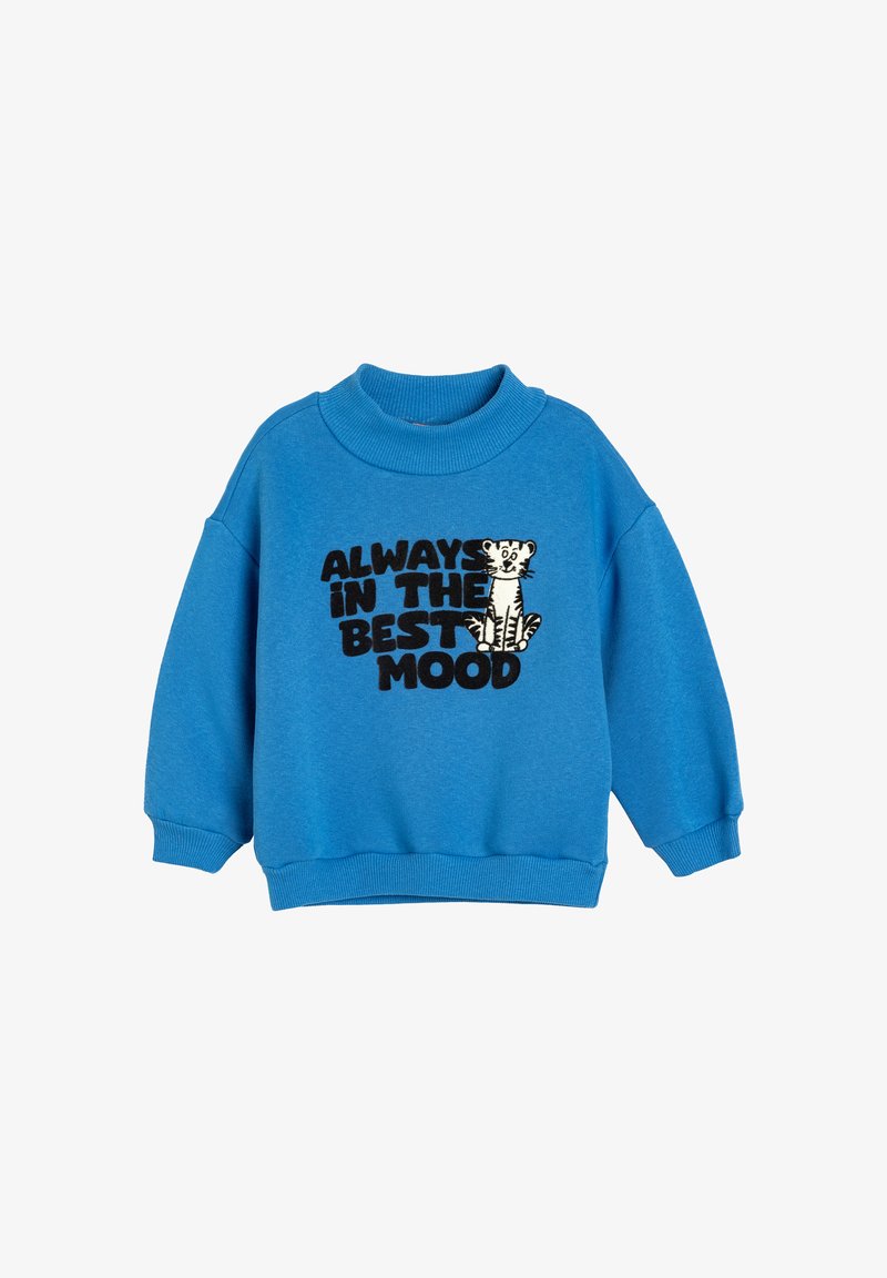 Blaue Sweatjacke mit hohem Kragen, gerippten Bündchen und Saum. Mit dem Text "IMMER BESTE LAUNE" und einer Cartoon-Tiger-Grafik.
