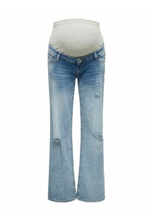 Niebieskie, przetarte jeansy ciążowe z elastycznym, szarym pasem zaprojektowanym tak, aby pomieścić ciążowy brzuch.