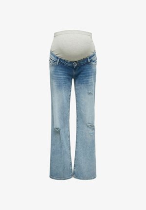 Lyseblå slidte graviditetsjeans med en elastisk grå linning designet til at rumme en gravid mave.