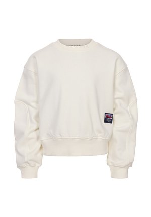 Korte witte sweatshirt gemaakt van zachte stof, met een ronde hals, geribbelde manchetten en zoom, en een logo-opdruk aan de linkerkant.