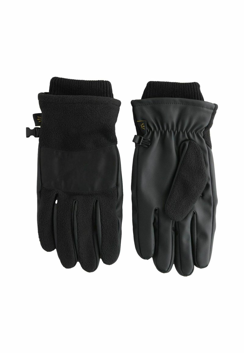Schwarze Handschuhe aus einer Mischung aus strukturiertem Stoff und glattem Leder, mit elastischen Bündchen, einem Handgelenkanpassung und geschichtetem Design.