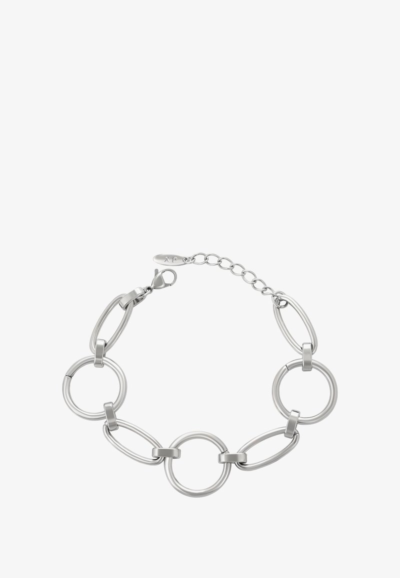 Silberne Kettenarmband mit abwechselnd runden und ovalen offenen Gliedern sowie einem Karabinerverschluss mit einer verstellbaren Kettenverlängerung.