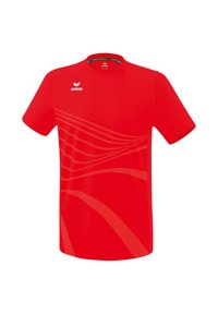 T-shirt sportivo rosso in tessuto leggero, con collo a giro, maniche corte e un sottile motivo ondulato sulla parte anteriore.