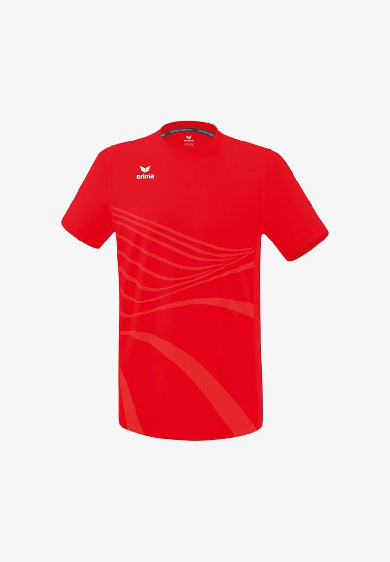 T-shirt sportivo rosso in tessuto leggero, con collo a giro, maniche corte e un sottile motivo ondulato sulla parte anteriore.