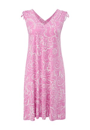 Roza obleka s cvetličnim vzorcem, izdelana iz mehkega materiala, z V-izrezom, kratkimi rokavi s detajli na vezanje in A-linijsko silhueto.