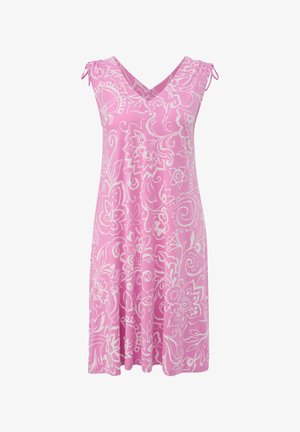 Roza obleka s cvetličnim vzorcem, izdelana iz mehkega materiala, z V-izrezom, kratkimi rokavi s detajli na vezanje in A-linijsko silhueto.