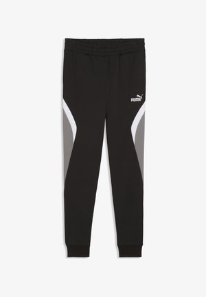 Pantalon de survêtement Puma noir avec taille élastique, poignets resserrés, panneaux latéraux incurvés gris et blancs, logo Puma sur la cuisse gauche supérieure.