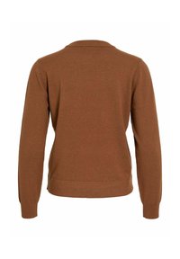 Pull marron avec un col rond, des manches longues et une texture lisse, conçu pour une coupe décontractée sans fermeture visible.
