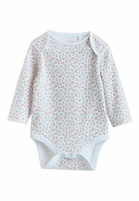 Langærmet bodysuit i hvid bomuld med pink blomstermønster, med trykknapper i bunden og rund hals.