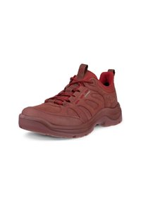 Chaussure de randonnée imperméable rouge avec une tige en cuir texturé, un col rembourré et une semelle en caoutchouc dotée d'un système de laçage proéminent et d'un bout renforcé.