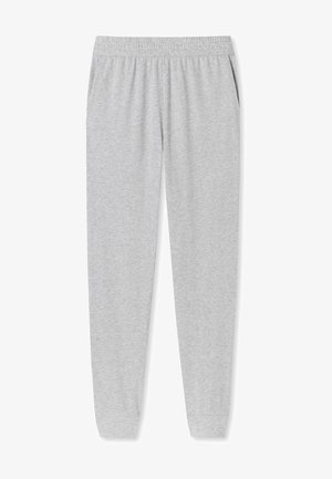 Pantalons de jogging gris en tissu doux, avec une taille élastique, des poches latérales et des poignets fuselés aux chevilles.