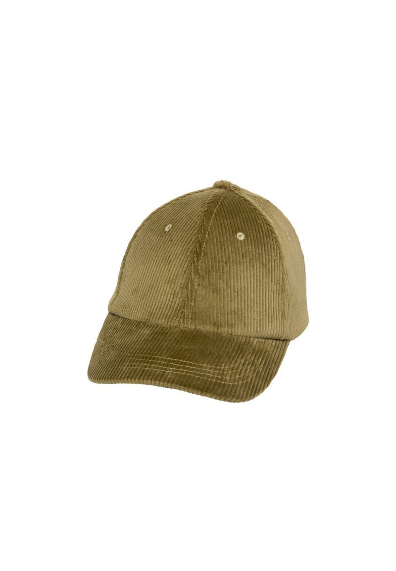 Olive green corduroy baseball cap with a rounded crown, curved brim, and stitching accents. Features small eyelets for ventilation.