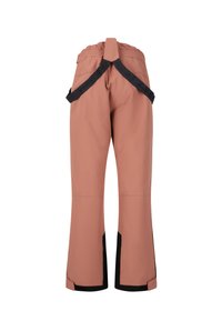 Waterdichte roze skibroek met zwarte accenten, elastische tailleband en verstelbare bandjes. Voorzien van taps toelopende pijpen en versterkte manchetten.