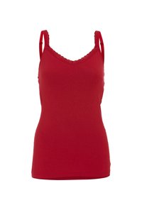 Top rosso senza maniche con spalline sottili, scollo a V e bordi scallopati. Realizzato in un tessuto morbido ed elasticizzato con una forma aderente. Senza ulteriori motivi.