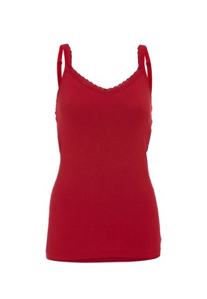 Czerwona bluzka na ramiączkach z cienkimi paskami, dekoltem w kształcie litery V i falbaniastym wykończeniem. Wykonana z miękkiego, elastycznego materiału o dopasowanym kroju. Bez dodatkowych wzorów.