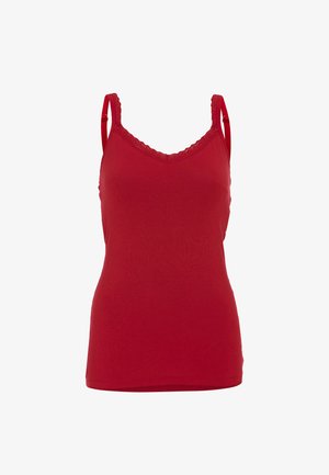 Débardeur rouge avec des fines bretelles, décolleté en V et bordure festonnée. Fabriqué en un tissu doux et extensible avec une coupe ajustée. Sans motifs supplémentaires.