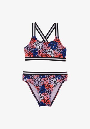 Maillot de bain deux pièces avec un imprimé floral multicolore dans des tons de rouge, bleu et violet. Le haut possède des bretelles croisées et une bordure noire unie.