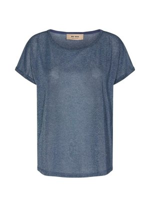 Haut en maille bleu à manches courtes avec col rond et étiquette de la marque Mos Mosh à l'intérieur du col sur fond blanc.