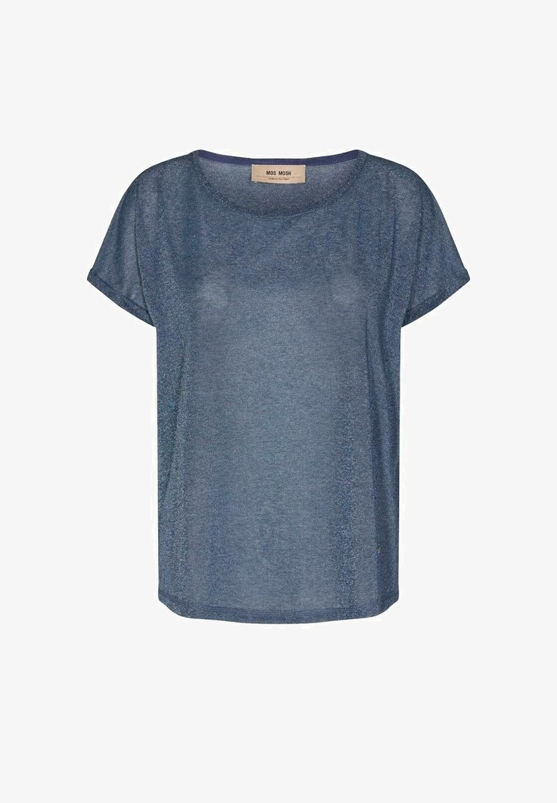 Haut en maille bleu à manches courtes avec col rond et étiquette de la marque Mos Mosh à l'intérieur du col sur fond blanc.