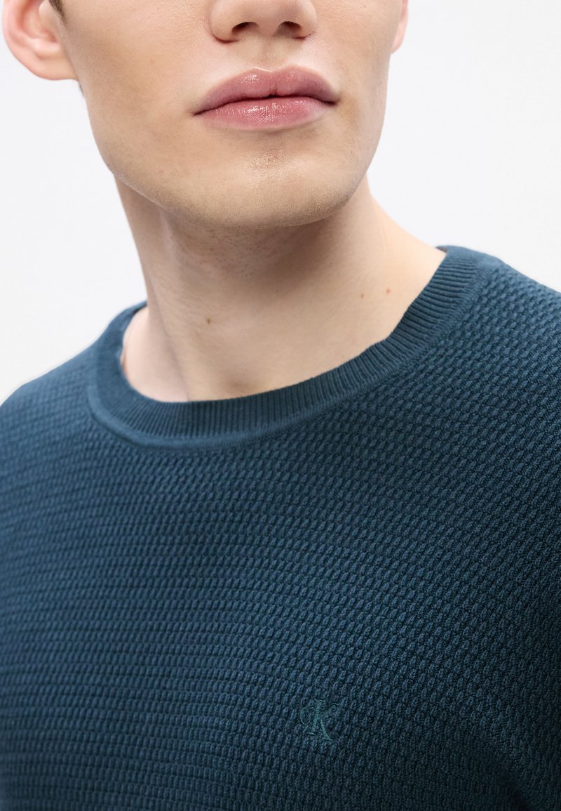 Dark teal knitted sweater with a textured pattern and a crew neck. Features a small logo detail on the chest in a matching color.