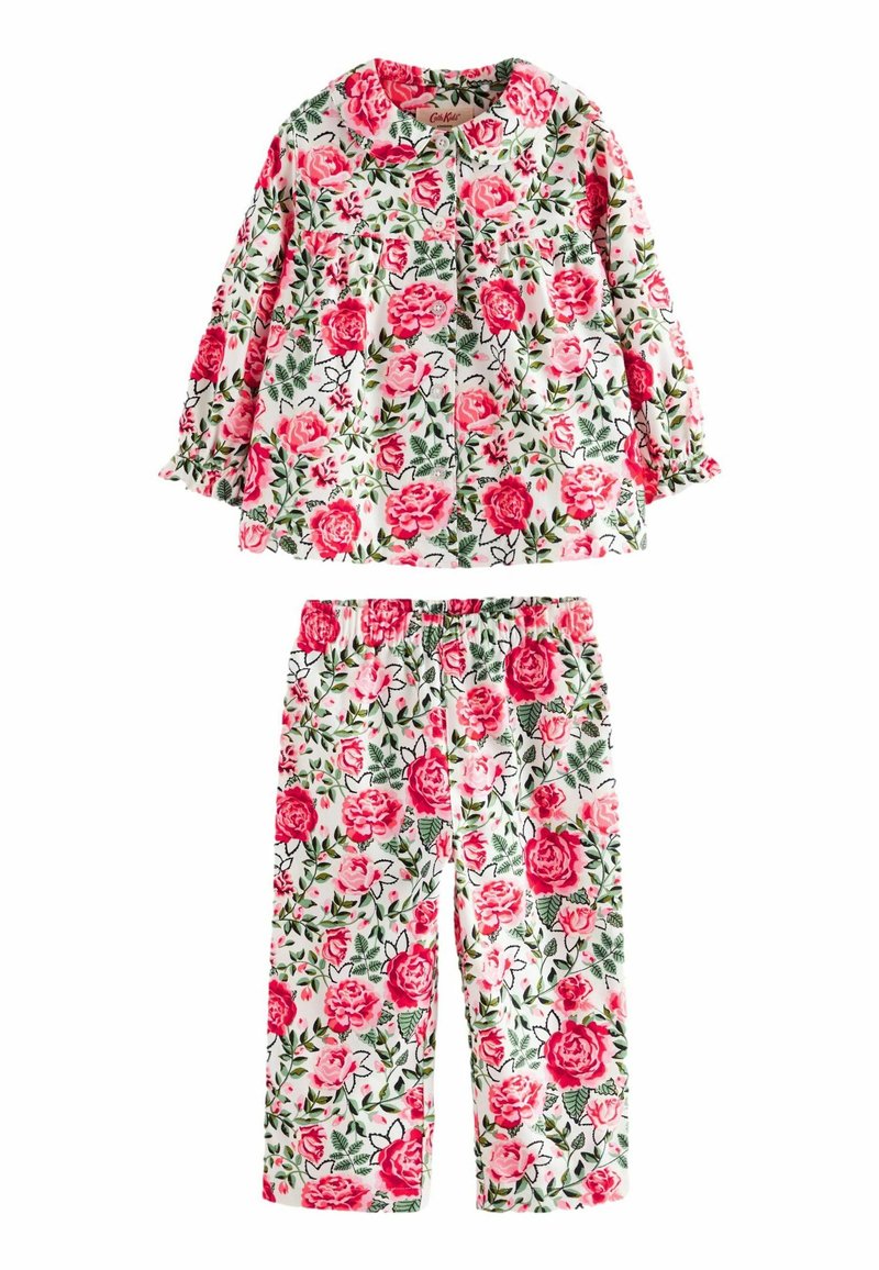 Floral print pajama set featuring a white background, pink roses, and green leaves. Includes a long-sleeve top with a collar and matching pants.