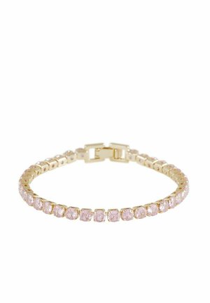 Gold-tone bracelet featuring a series of pink gemstone accents. Smooth design with a secure clasp, ideal for casual or formal wear.