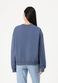 Blue cotton sweatshirt with a relaxed fit, ribbed cuffs and hem, round neckline, and minimal stitching detail on the back.